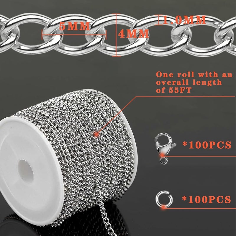 YZDTECH 55ft Silver Stainless Steel Curb Chain for Jewelry Making,Twisted Link Chains with Spool for Dog Tag,Keychain,100 Pcs Jump Rings and Lobster Clasps DIY Craft Supplies for Necklace Chain (5x4x1.0m) - Image 5